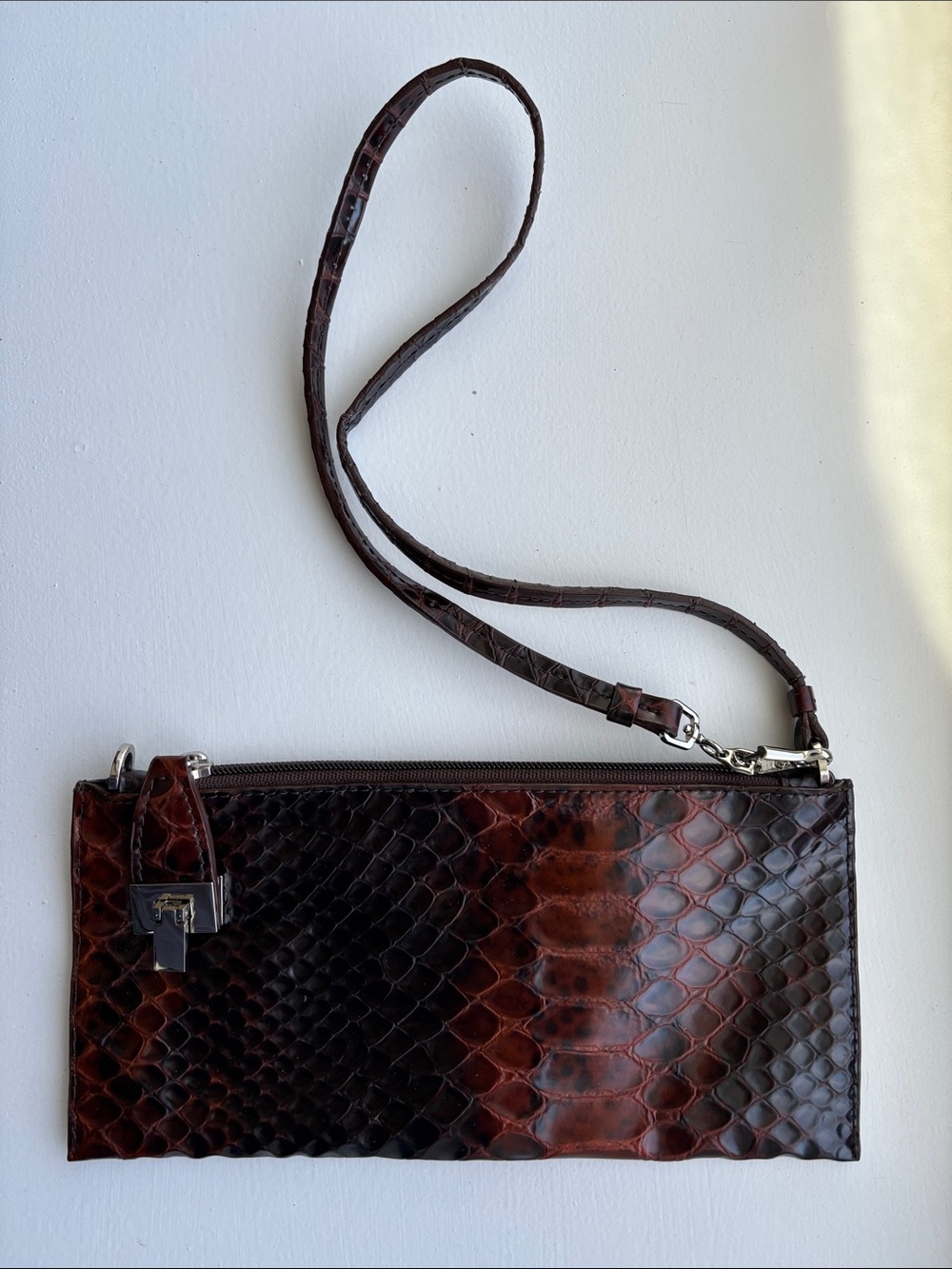 Danier Brown & Black Python Embossed Leather Purse Wristlet Clutch EUC - Picture 3 of 10
